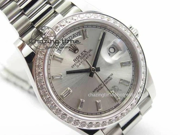0126 TechFriendly Day Date 40mm SS BP Maker Best Edition Diamond Bezel Silver Dial On SS Bracelet ETA 3696